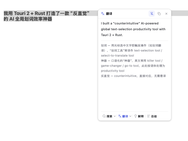 翻译结果：结果实时显示，附术语与译法说明，可复制或继续交给其他动作。